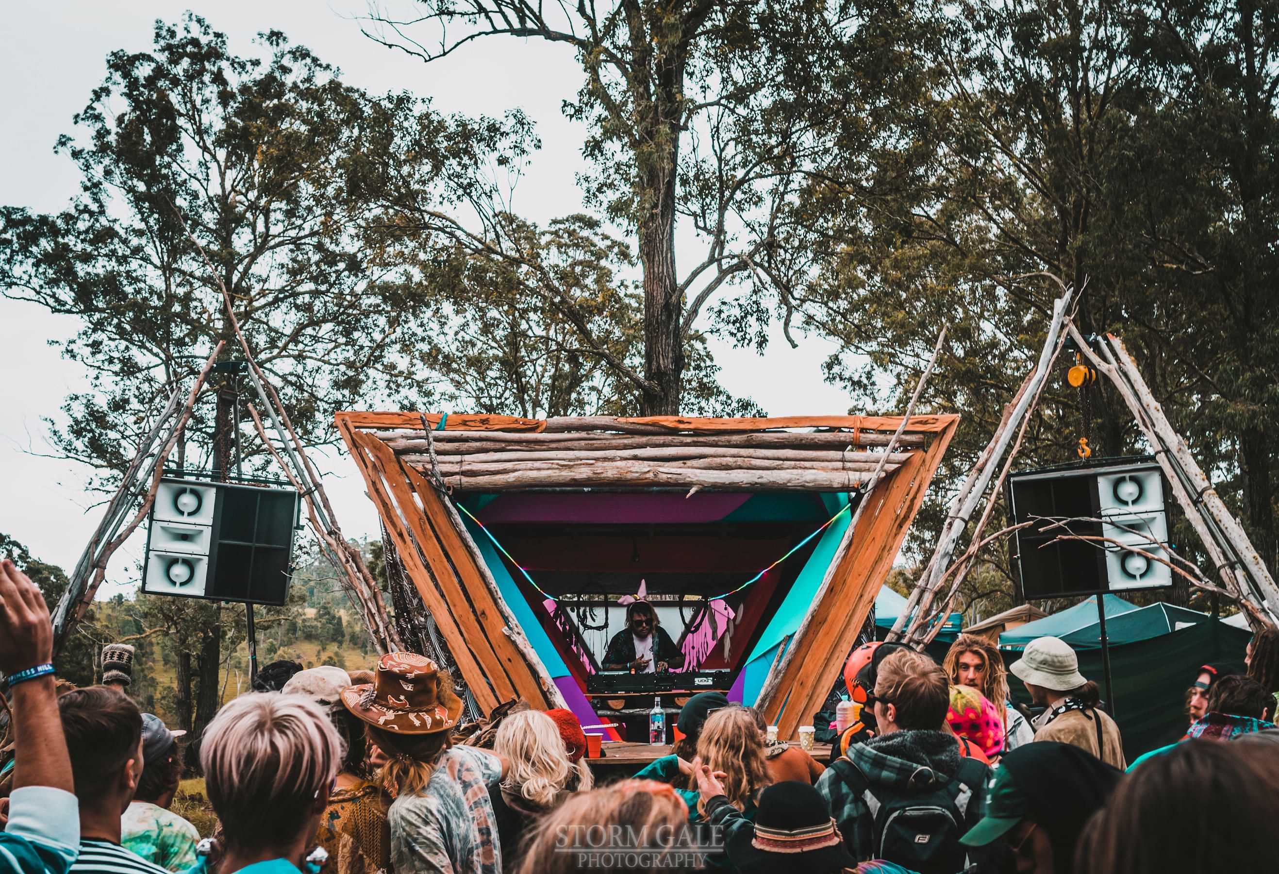 Festival stage lit at night